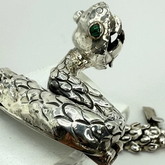 Nacho Gomez Taxco 950 Sterling Silver Rattlesnake Bracelet Malachite Eyes NWOT - Picture 10 of 17